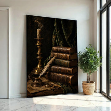 Vintage Antique Books Stack Canvas, Old Quill and Inkpot Artwork, Classic Literature Still Life, Rustic Home Ready To Hang Decoration