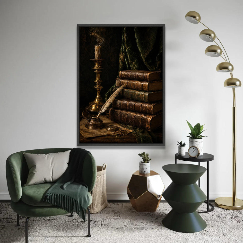 Vintage Antique Books Stack Canvas, Old Quill and Inkpot Artwork, Classic Literature Still Life, Rustic Home Ready To Hang Decoration