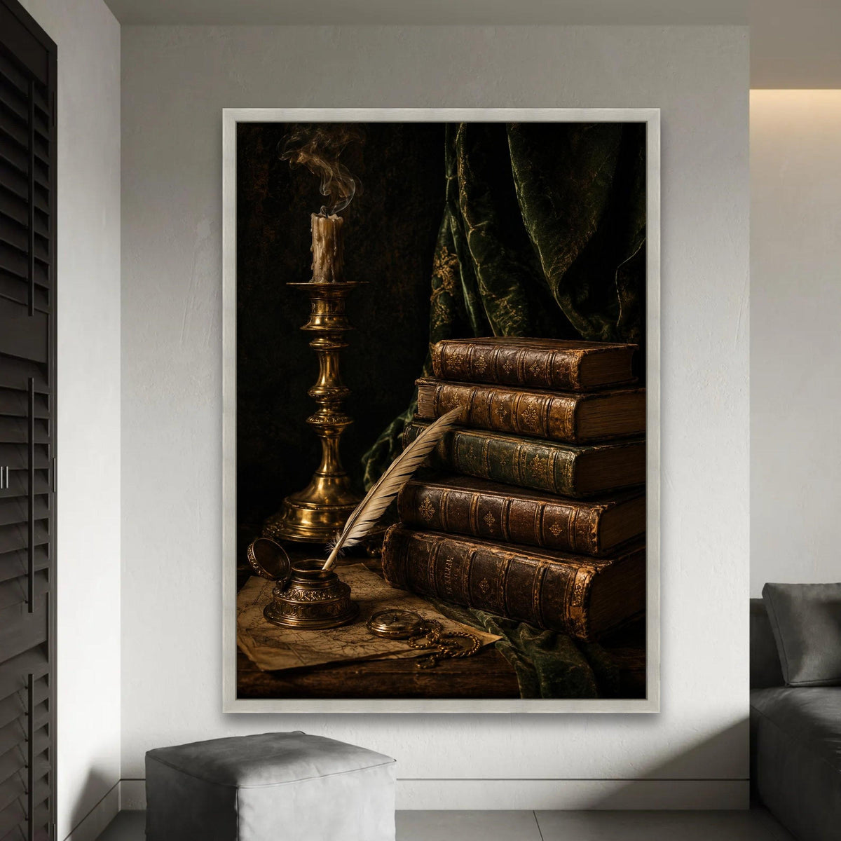 Vintage Antique Books Stack Canvas, Old Quill and Inkpot Artwork, Classic Literature Still Life, Rustic Home Ready To Hang Decoration