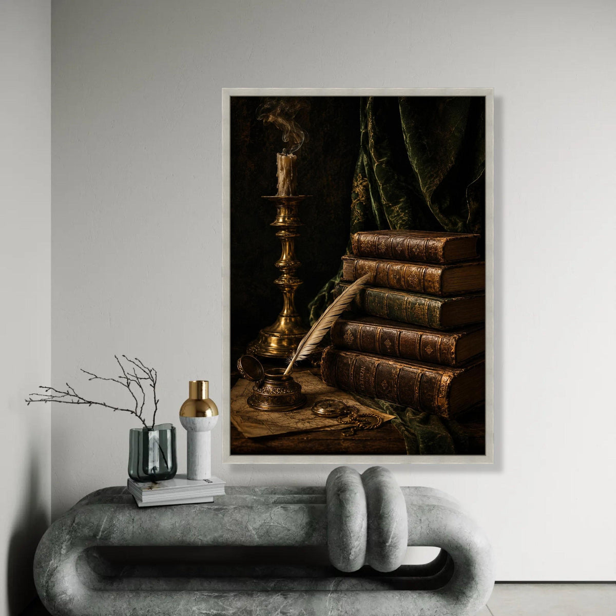 Vintage Antique Books Stack Canvas, Old Quill and Inkpot Artwork, Classic Literature Still Life, Rustic Home Ready To Hang Decoration