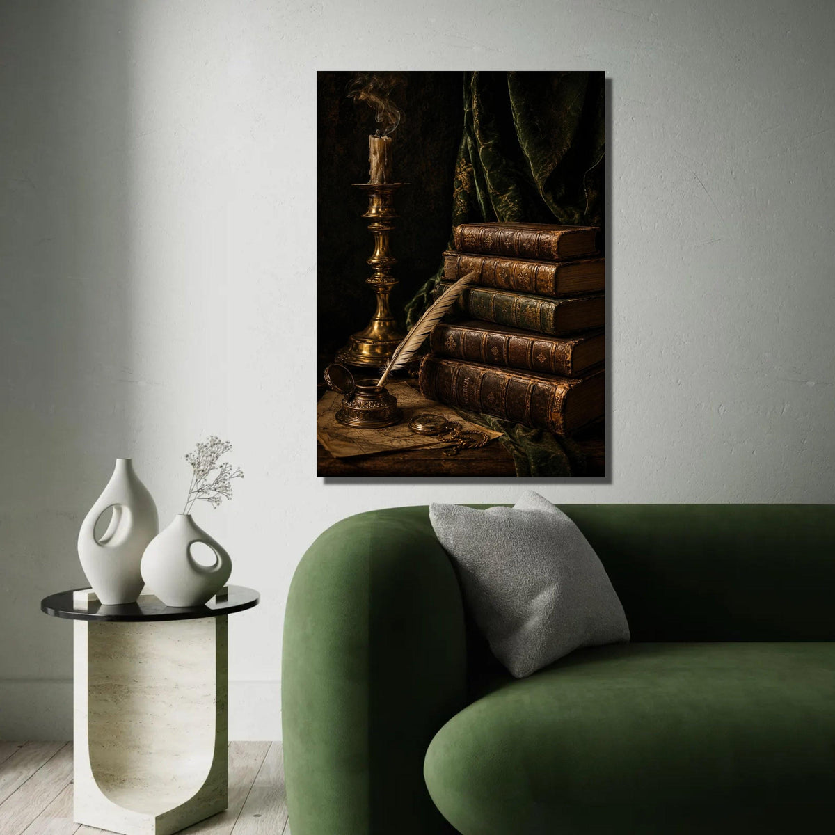 Vintage Antique Books Stack Canvas, Old Quill and Inkpot Artwork, Classic Literature Still Life, Rustic Home Ready To Hang Decoration