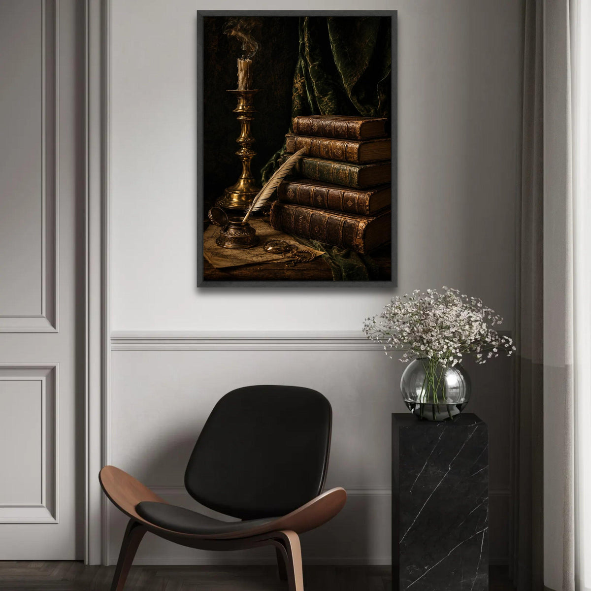 Vintage Antique Books Stack Canvas, Old Quill and Inkpot Artwork, Classic Literature Still Life, Rustic Home Ready To Hang Decoration