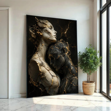 Embracing Souls Sculpture Canvas, Gold Vein Abstract Figures, Intimate Couple Wall Art, Modern Contemporary Canvas, Ready To Hang Decoration