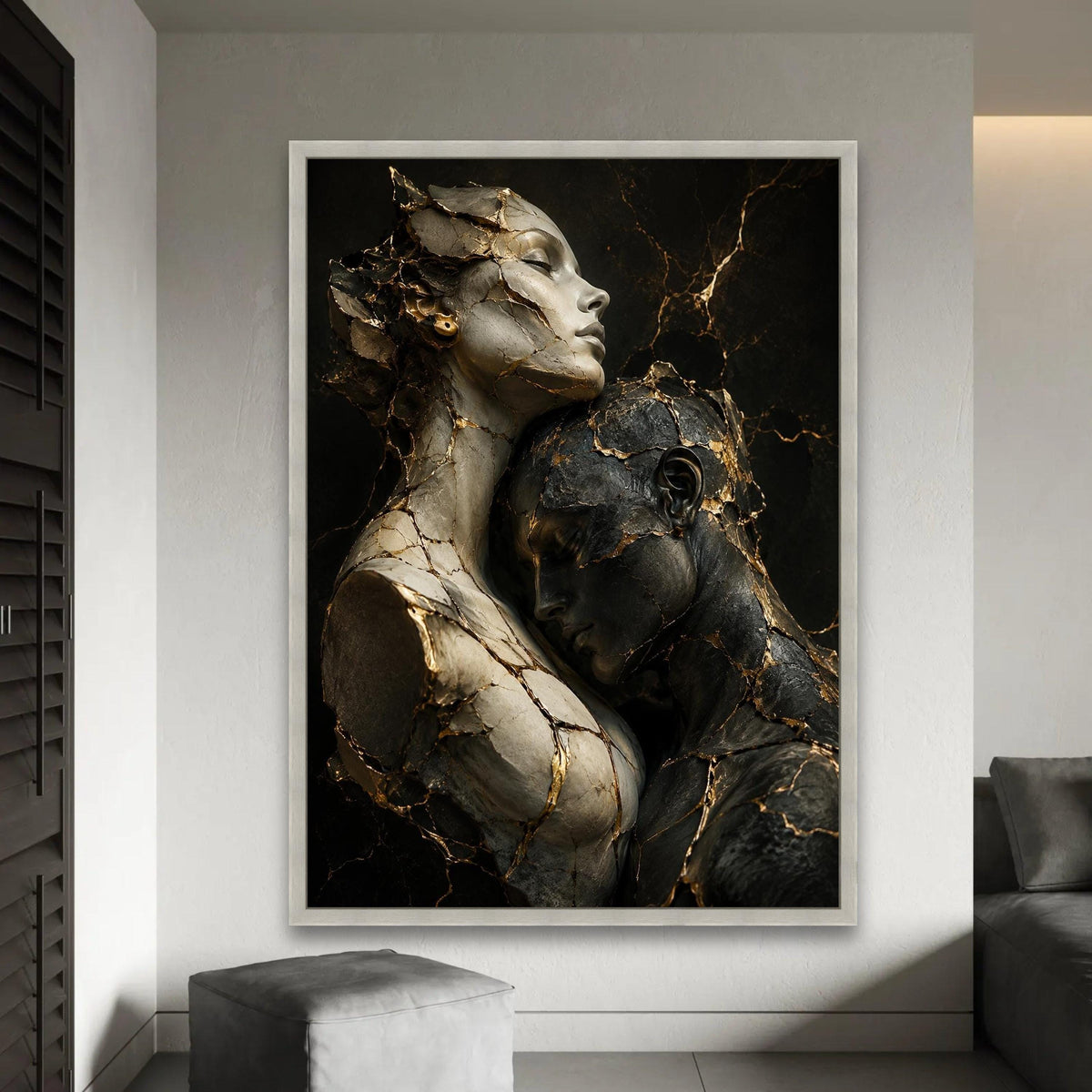 Embracing Souls Sculpture Canvas, Gold Vein Abstract Figures, Intimate Couple Wall Art, Modern Contemporary Canvas, Ready To Hang Decoration