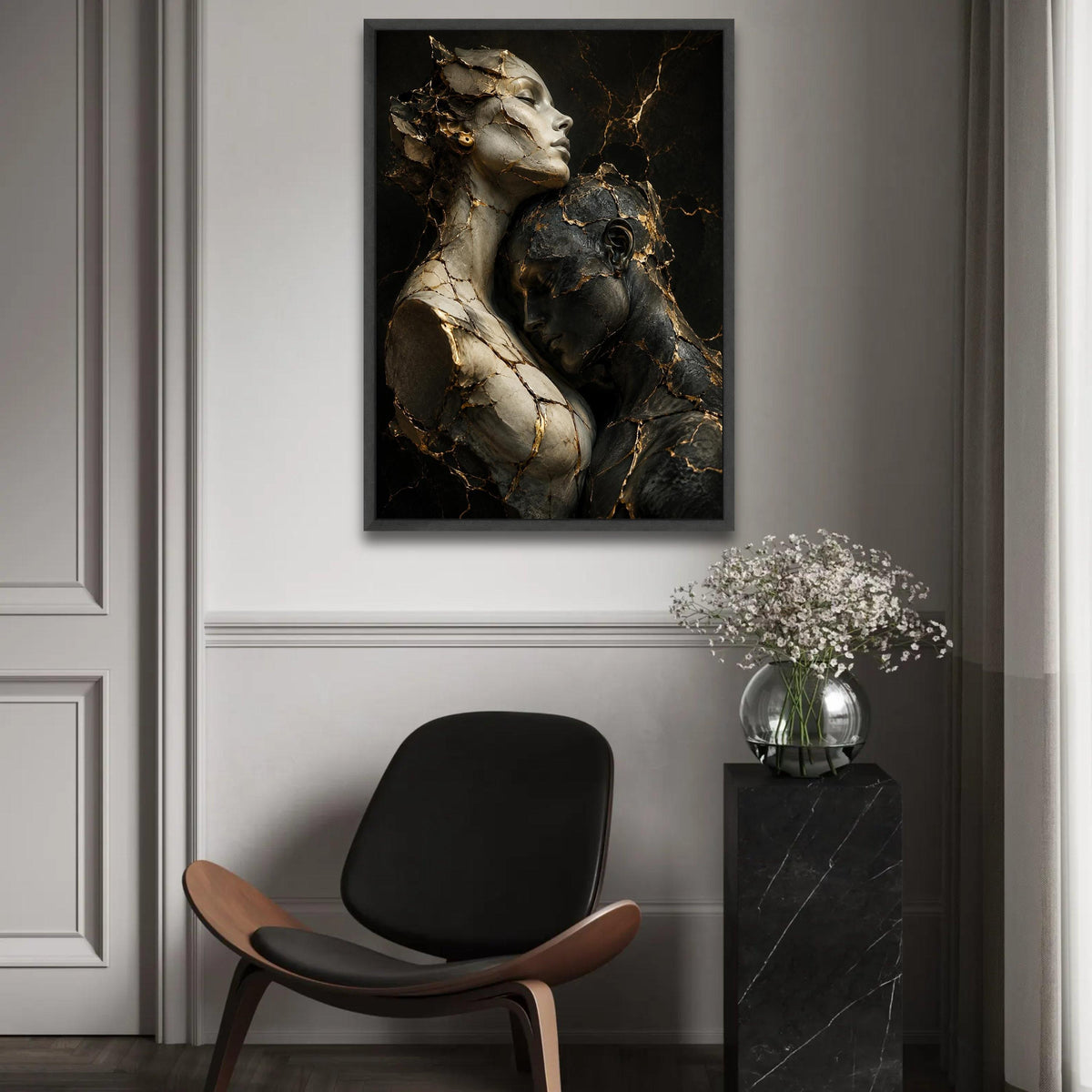 Embracing Souls Sculpture Canvas, Gold Vein Abstract Figures, Intimate Couple Wall Art, Modern Contemporary Canvas, Ready To Hang Decoration