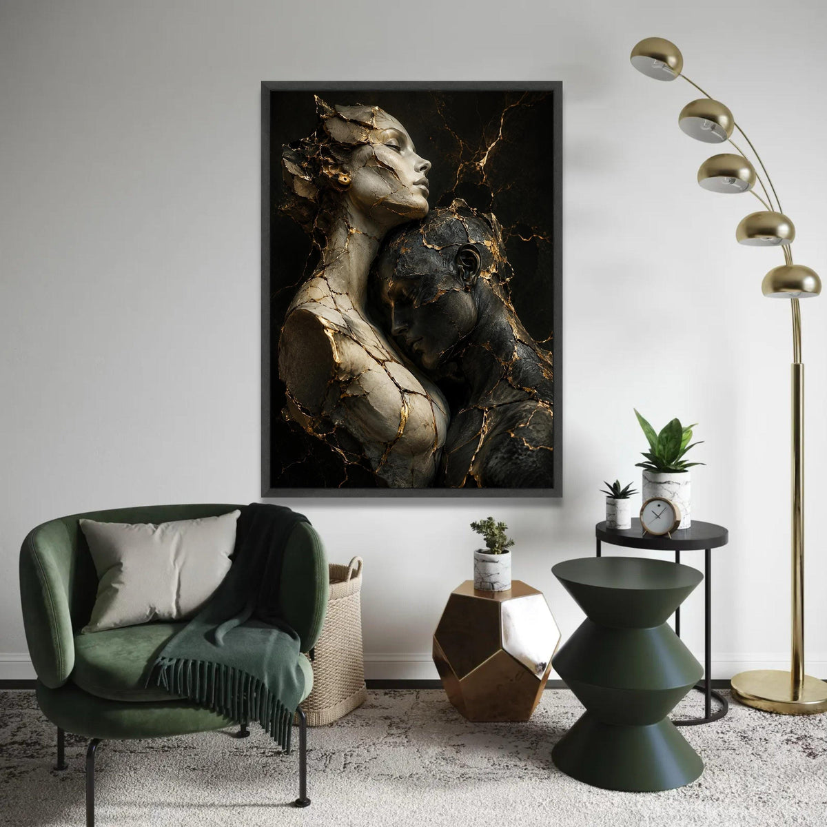 Embracing Souls Sculpture Canvas, Gold Vein Abstract Figures, Intimate Couple Wall Art, Modern Contemporary Canvas, Ready To Hang Decoration