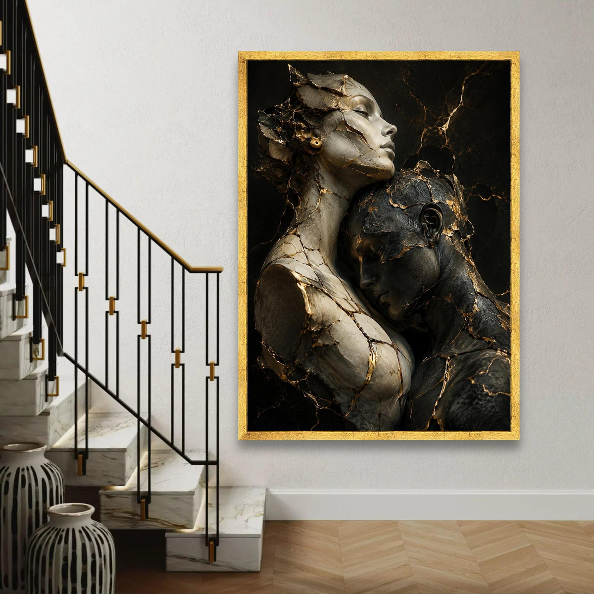 Embracing Souls Sculpture Canvas, Gold Vein Abstract Figures, Intimate Couple Wall Art, Modern Contemporary Canvas, Ready To Hang Decoration