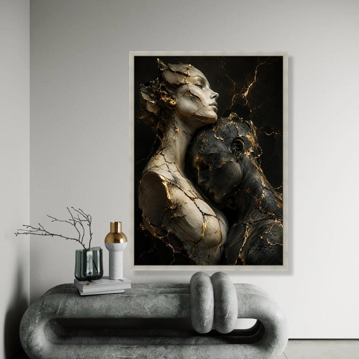 Embracing Souls Sculpture Canvas, Gold Vein Abstract Figures, Intimate Couple Wall Art, Modern Contemporary Canvas, Ready To Hang Decoration