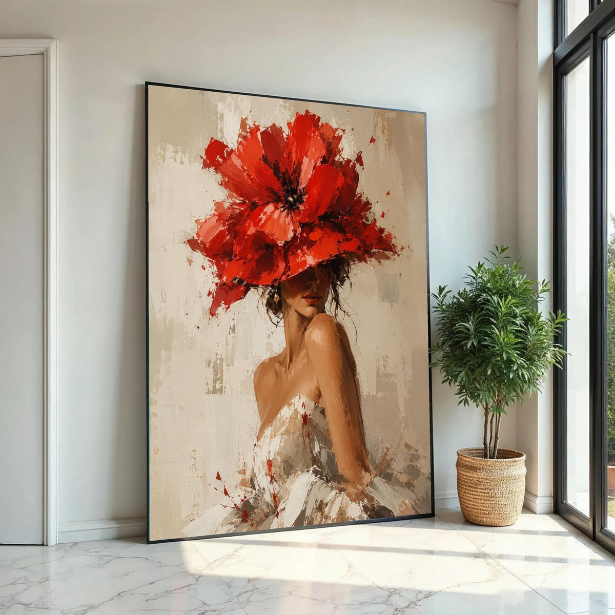 Elegant Woman with Red Floral Hat Canvas, Feminine Portrait Wall Art, Contemporary Fashion Decor, Chic Canvas Ready To Hang Decoration