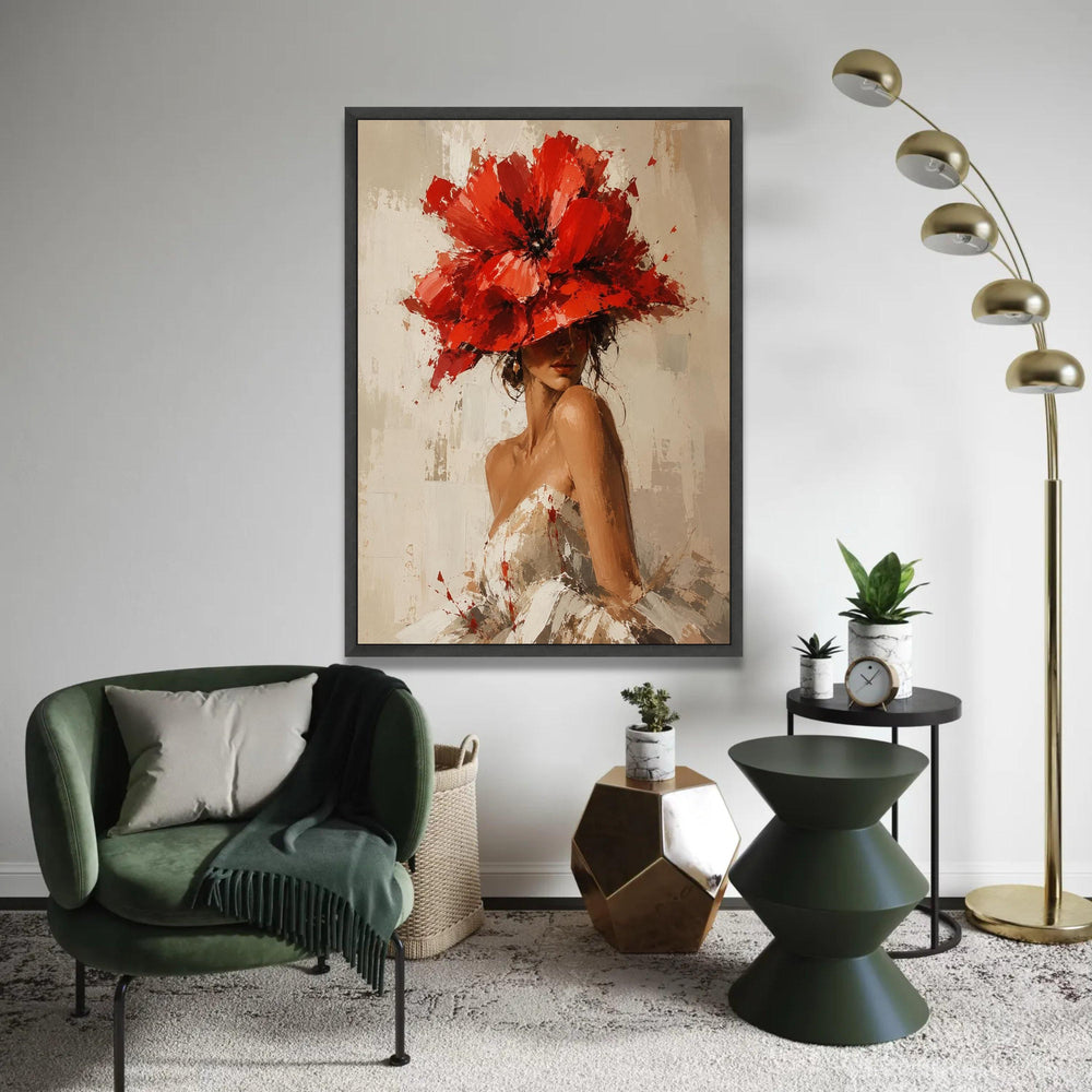 Elegant Woman with Red Floral Hat Canvas, Feminine Portrait Wall Art, Contemporary Fashion Decor, Chic Canvas Ready To Hang Decoration