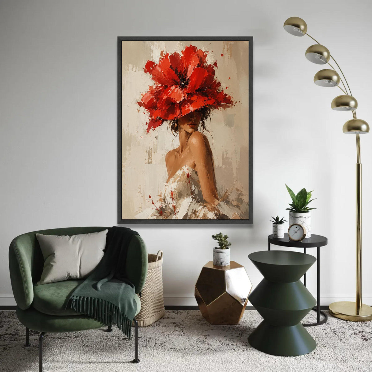Elegant Woman with Red Floral Hat Canvas, Feminine Portrait Wall Art, Contemporary Fashion Decor, Chic Canvas Ready To Hang Decoration