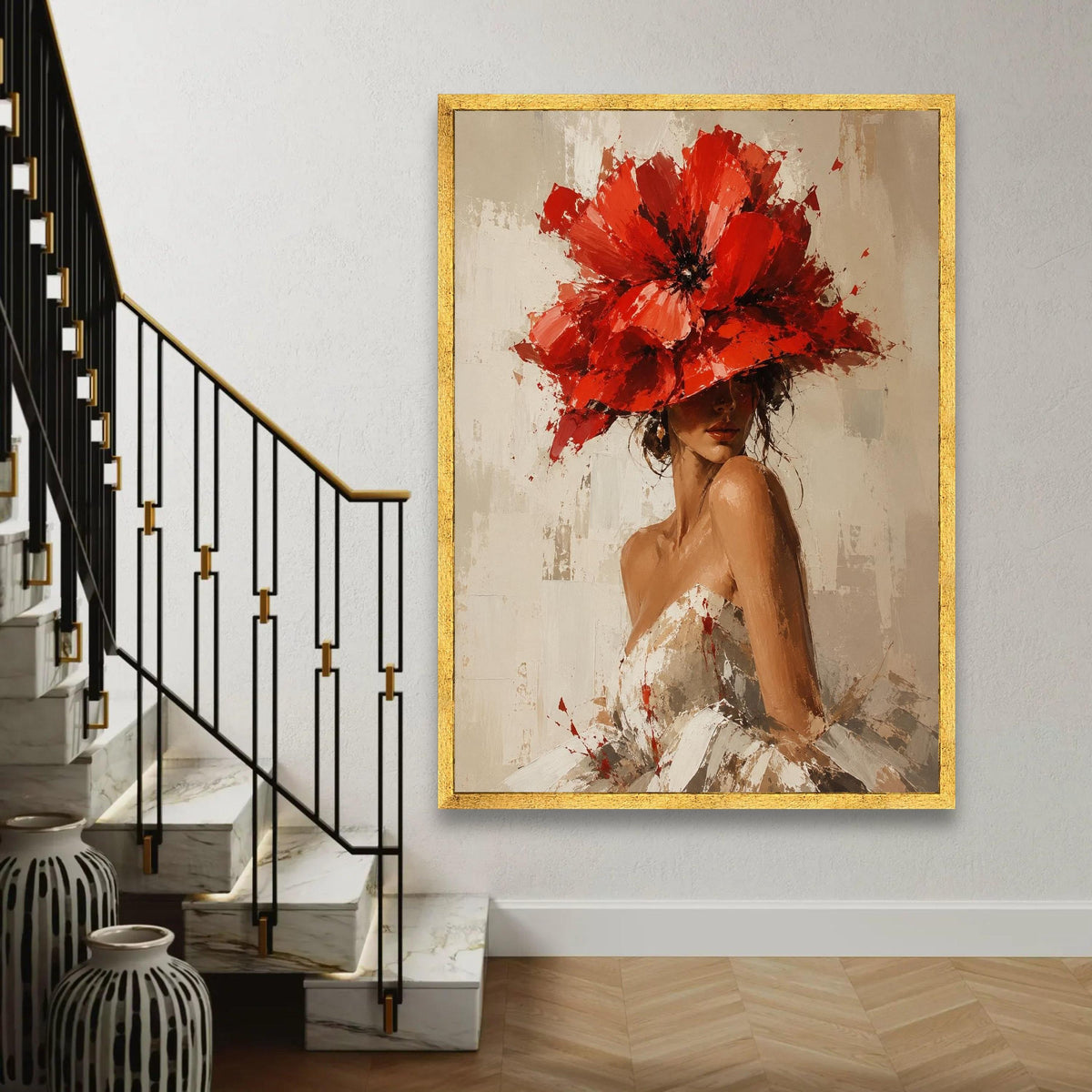 Elegant Woman with Red Floral Hat Canvas, Feminine Portrait Wall Art, Contemporary Fashion Decor, Chic Canvas Ready To Hang Decoration
