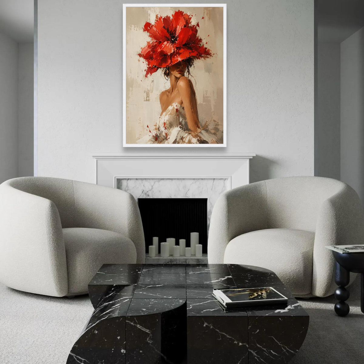 Elegant Woman with Red Floral Hat Canvas, Feminine Portrait Wall Art, Contemporary Fashion Decor, Chic Canvas Ready To Hang Decoration