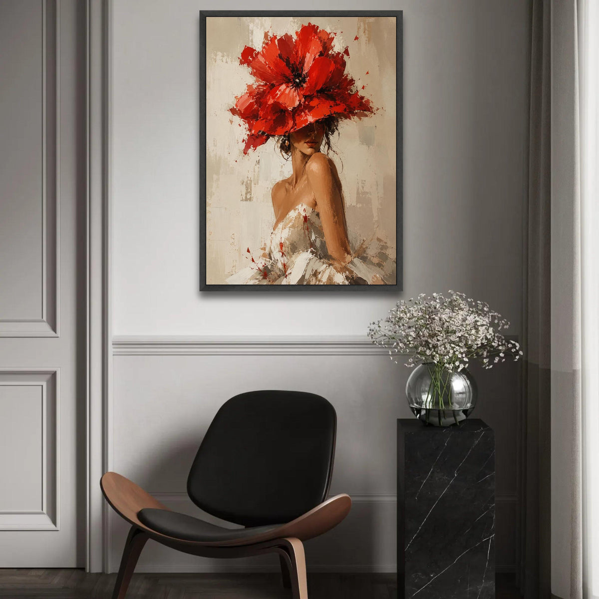 Elegant Woman with Red Floral Hat Canvas, Feminine Portrait Wall Art, Contemporary Fashion Decor, Chic Canvas Ready To Hang Decoration