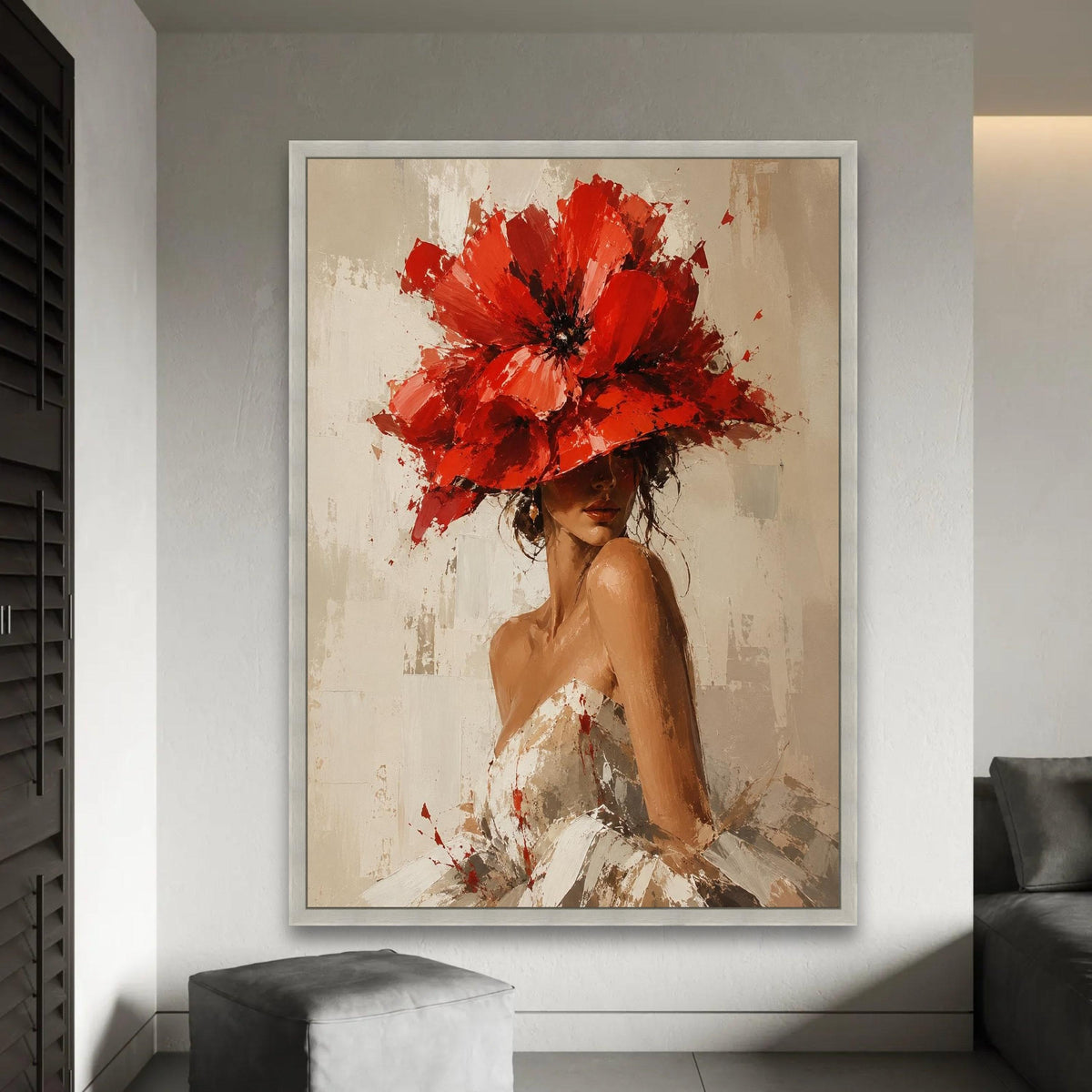 Elegant Woman with Red Floral Hat Canvas, Feminine Portrait Wall Art, Contemporary Fashion Decor, Chic Canvas Ready To Hang Decoration