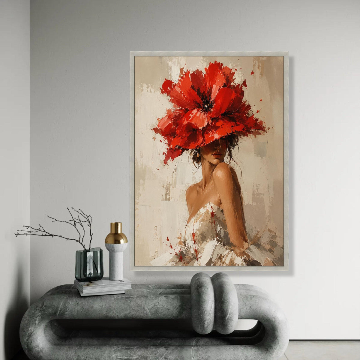Elegant Woman with Red Floral Hat Canvas, Feminine Portrait Wall Art, Contemporary Fashion Decor, Chic Canvas Ready To Hang Decoration