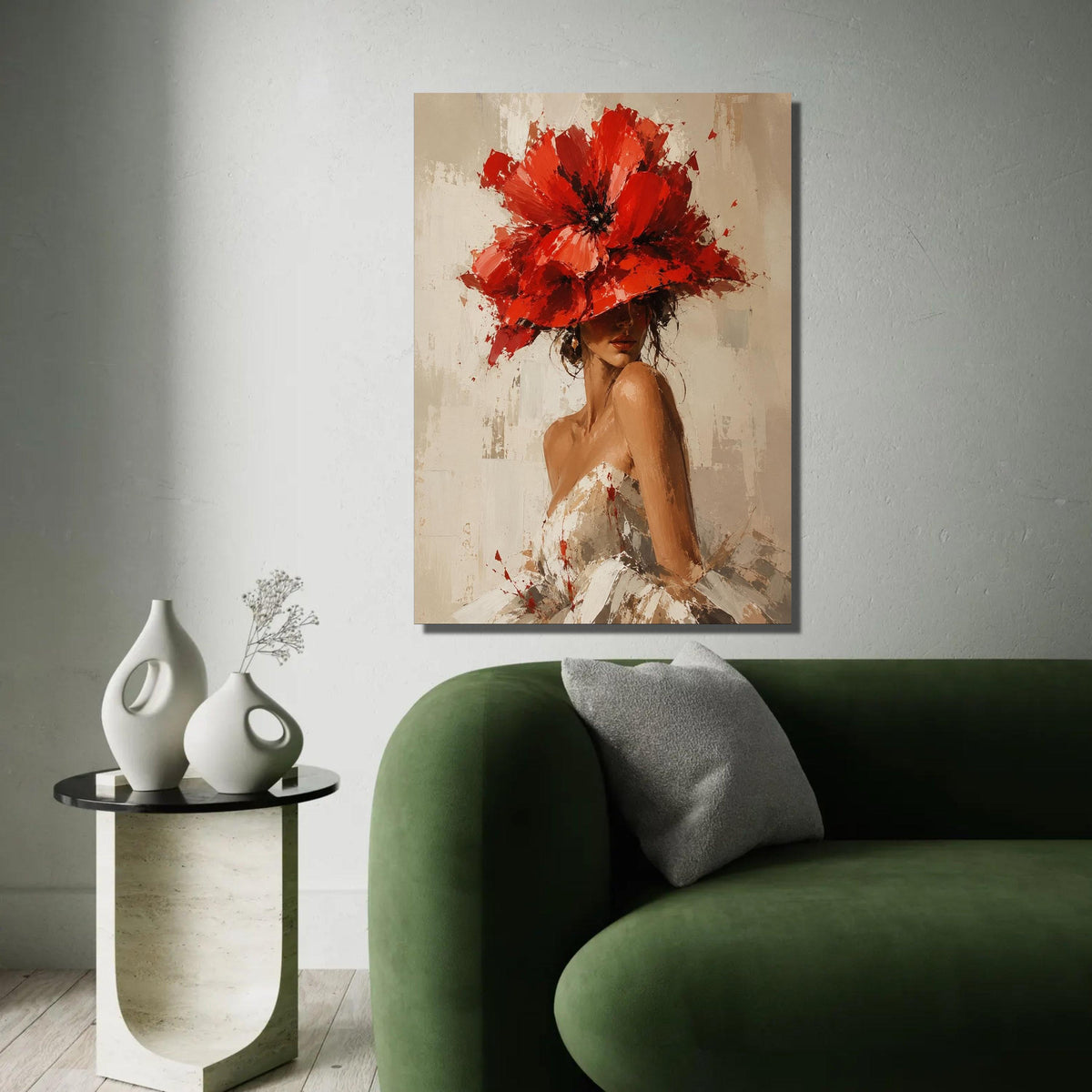 Elegant Woman with Red Floral Hat Canvas, Feminine Portrait Wall Art, Contemporary Fashion Decor, Chic Canvas Ready To Hang Decoration