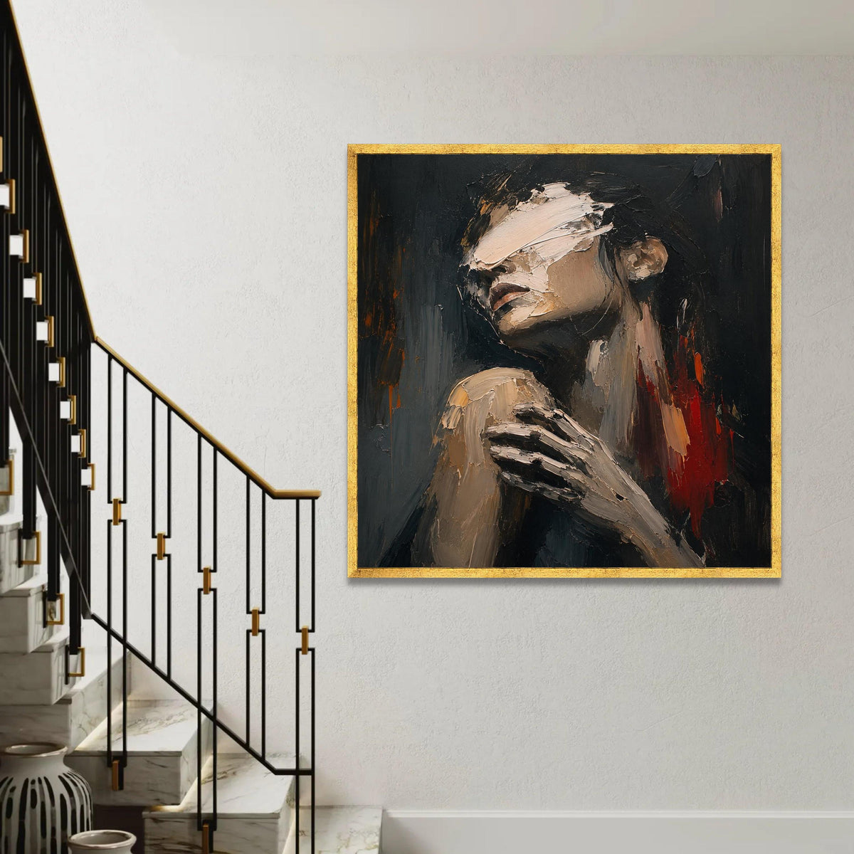 Abstract Female Portrait Canvas, Emotional Wall Art, Contemporary Figure Painting, Modern Home Decoration, Ready To Hang Decoration
