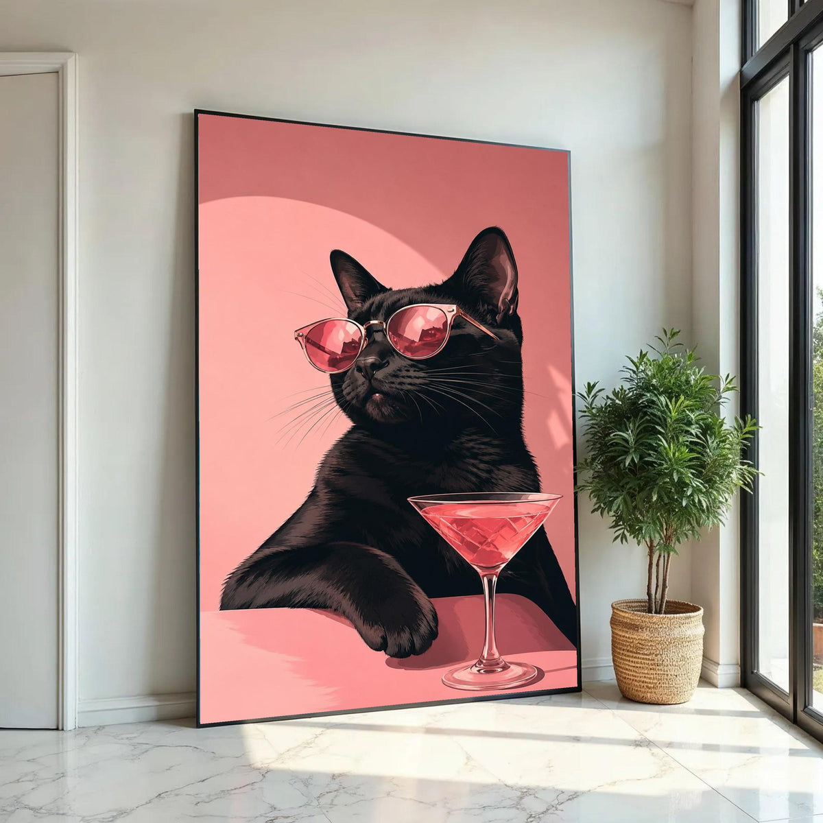 Cool Black Cat with Sunglasses Canvas, Chic Feline Wall Art, Pink Cocktail Glass Decoration, Stylish Animal Canvas, Ready To Hang Decoration