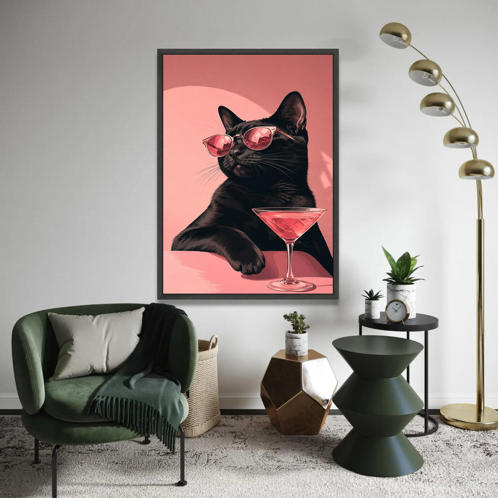 Cool Black Cat with Sunglasses Canvas, Chic Feline Wall Art, Pink Cocktail Glass Decoration, Stylish Animal Canvas, Ready To Hang Decoration