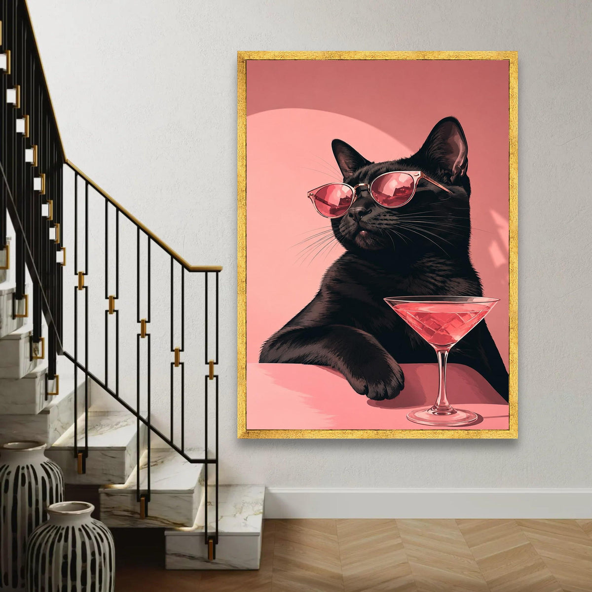 Cool Black Cat with Sunglasses Canvas, Chic Feline Wall Art, Pink Cocktail Glass Decoration, Stylish Animal Canvas, Ready To Hang Decoration