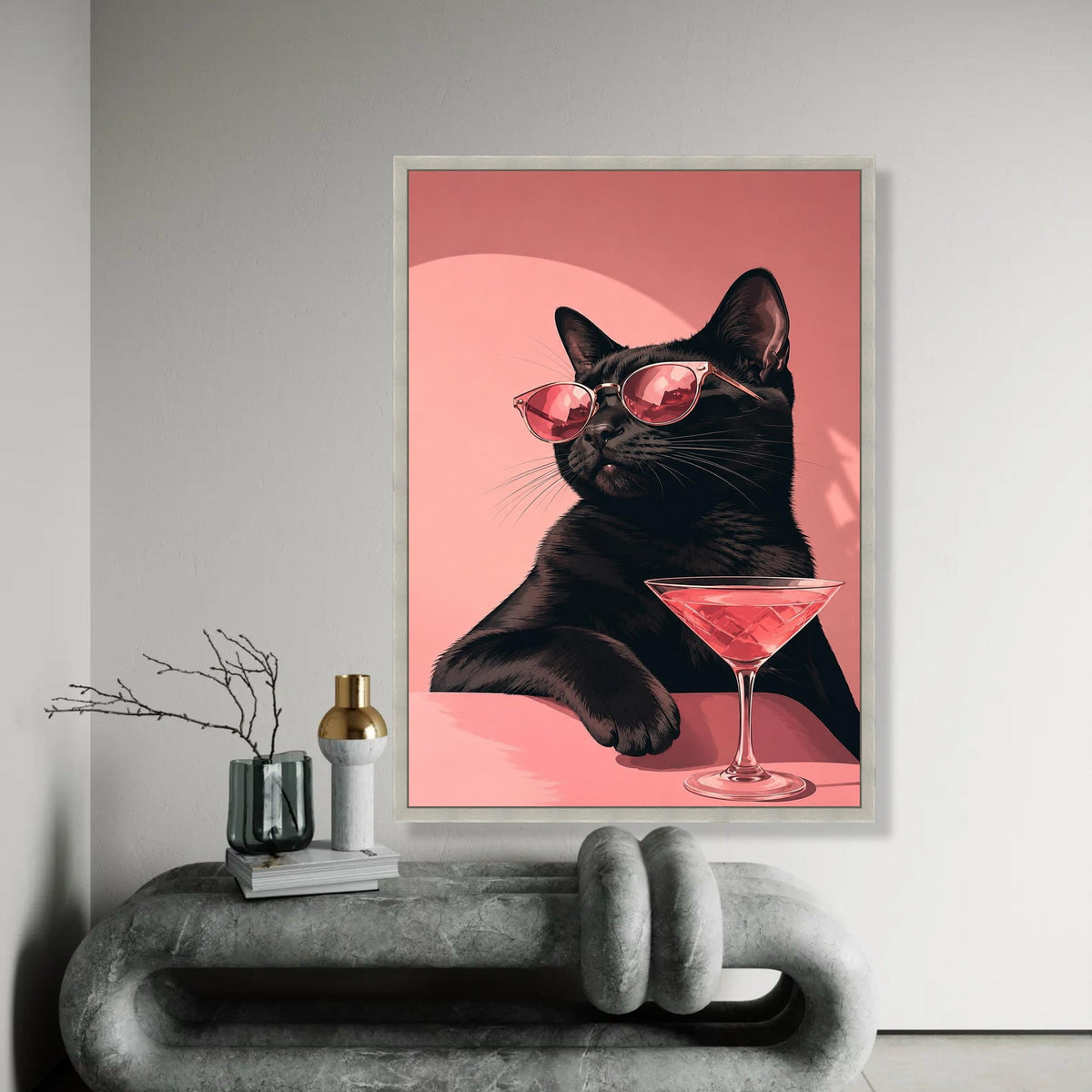 Cool Black Cat with Sunglasses Canvas, Chic Feline Wall Art, Pink Cocktail Glass Decoration, Stylish Animal Canvas, Ready To Hang Decoration