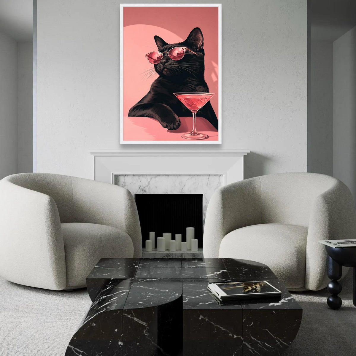 Cool Black Cat with Sunglasses Canvas, Chic Feline Wall Art, Pink Cocktail Glass Decoration, Stylish Animal Canvas, Ready To Hang Decoration