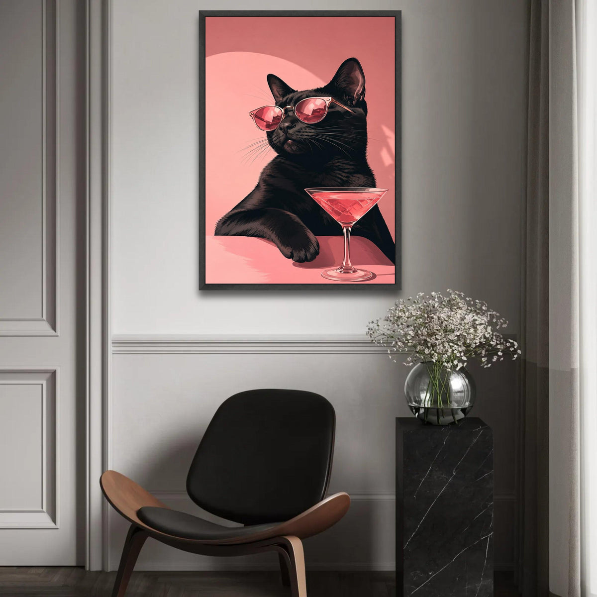 Cool Black Cat with Sunglasses Canvas, Chic Feline Wall Art, Pink Cocktail Glass Decoration, Stylish Animal Canvas, Ready To Hang Decoration