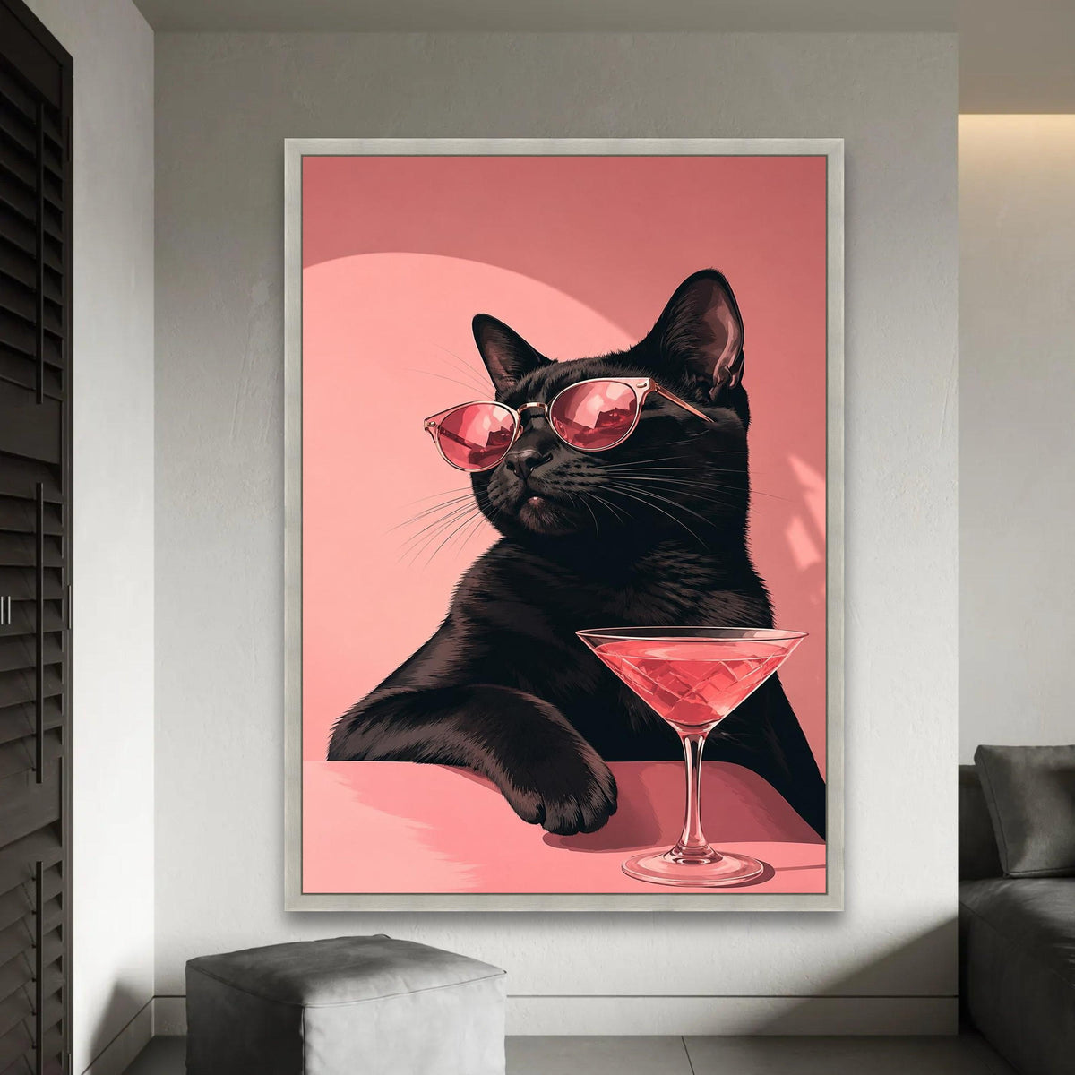 Cool Black Cat with Sunglasses Canvas, Chic Feline Wall Art, Pink Cocktail Glass Decoration, Stylish Animal Canvas, Ready To Hang Decoration