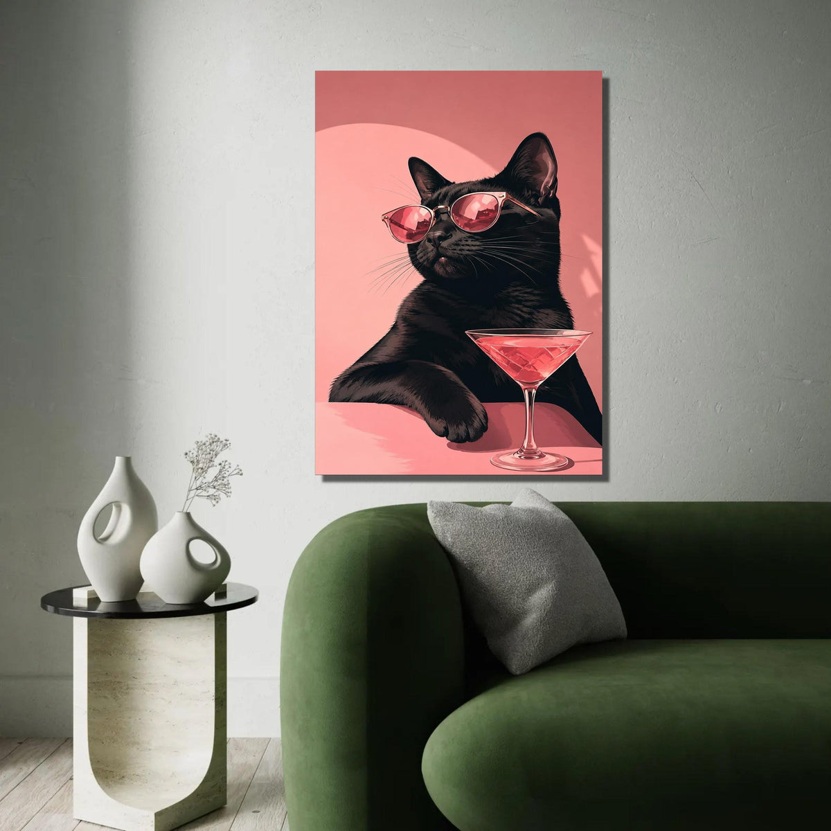Cool Black Cat with Sunglasses Canvas, Chic Feline Wall Art, Pink Cocktail Glass Decoration, Stylish Animal Canvas, Ready To Hang Decoration
