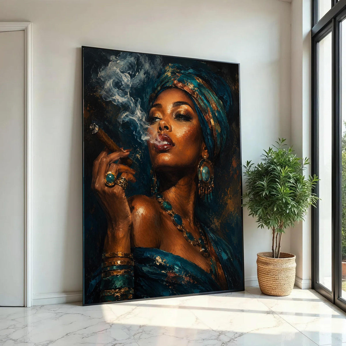 Elegant Woman Turquoise Headwrap, Smoking Cigar Canvas Wall Art, African Beauty Portrait, Glamorous Fashion Canvas, Ready To Hang Decoration