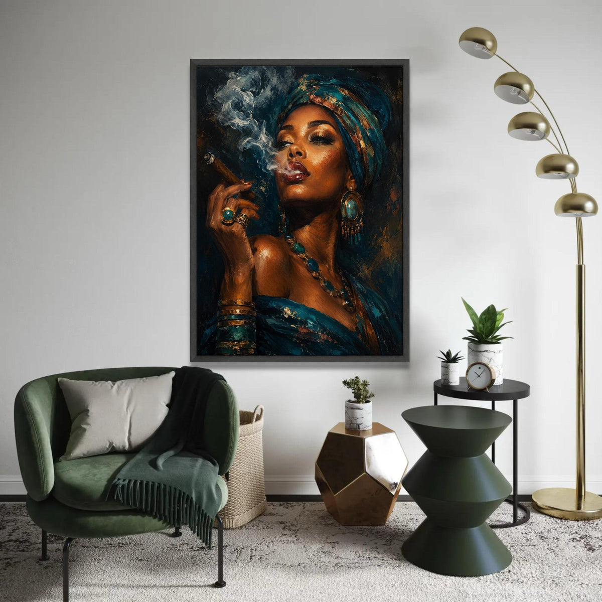 Elegant Woman Turquoise Headwrap, Smoking Cigar Canvas Wall Art, African Beauty Portrait, Glamorous Fashion Canvas, Ready To Hang Decoration