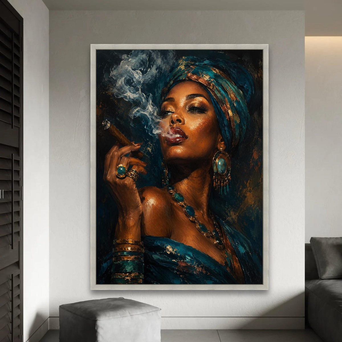 Elegant Woman Turquoise Headwrap, Smoking Cigar Canvas Wall Art, African Beauty Portrait, Glamorous Fashion Canvas, Ready To Hang Decoration