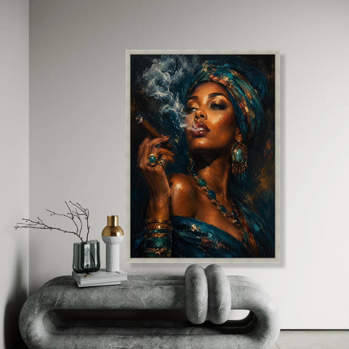 Elegant Woman Turquoise Headwrap, Smoking Cigar Canvas Wall Art, African Beauty Portrait, Glamorous Fashion Canvas, Ready To Hang Decoration