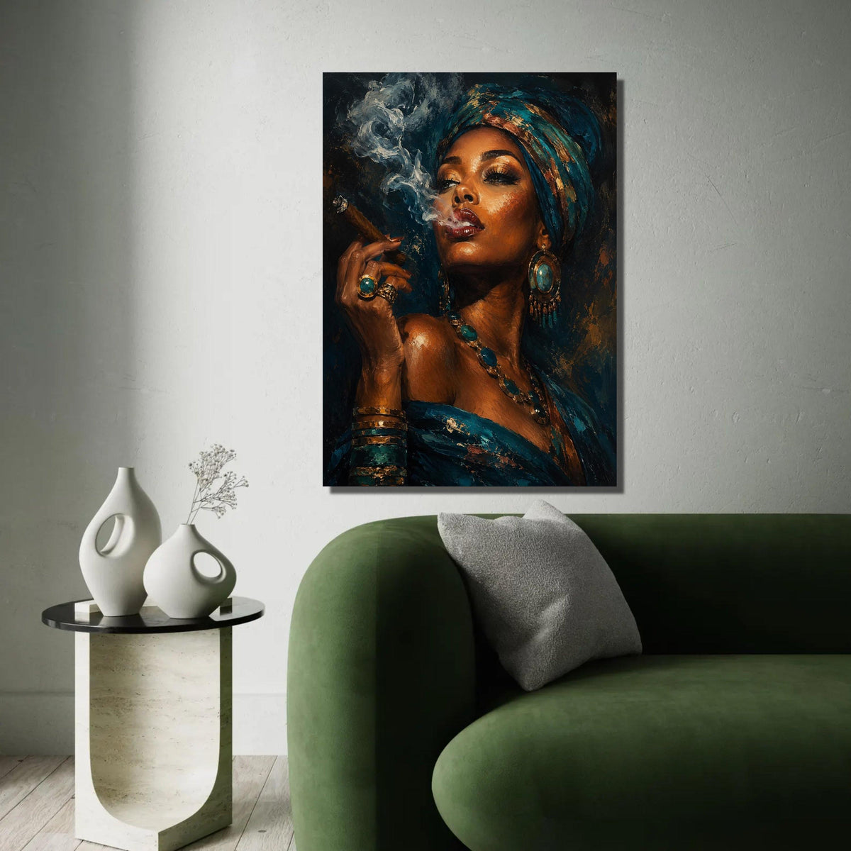 Elegant Woman Turquoise Headwrap, Smoking Cigar Canvas Wall Art, African Beauty Portrait, Glamorous Fashion Canvas, Ready To Hang Decoration