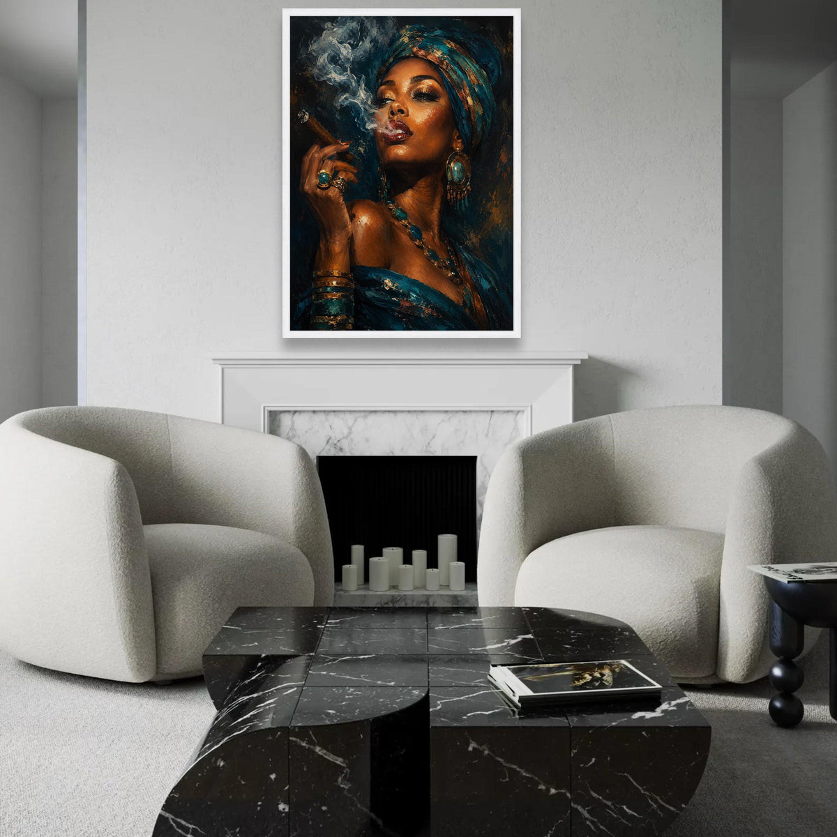Elegant Woman Turquoise Headwrap, Smoking Cigar Canvas Wall Art, African Beauty Portrait, Glamorous Fashion Canvas, Ready To Hang Decoration