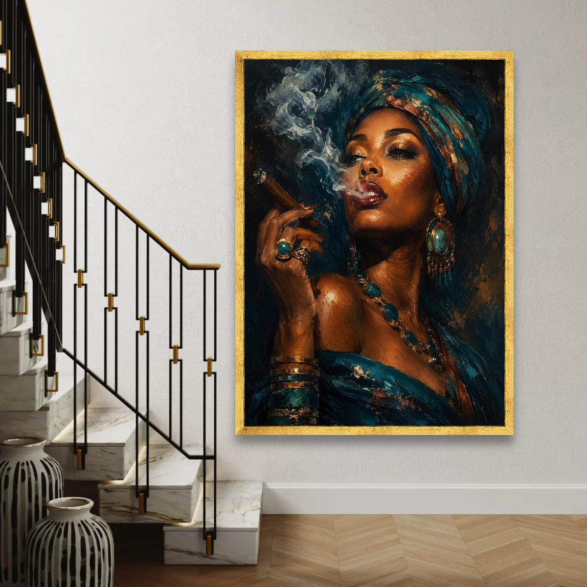 Elegant Woman Turquoise Headwrap, Smoking Cigar Canvas Wall Art, African Beauty Portrait, Glamorous Fashion Canvas, Ready To Hang Decoration