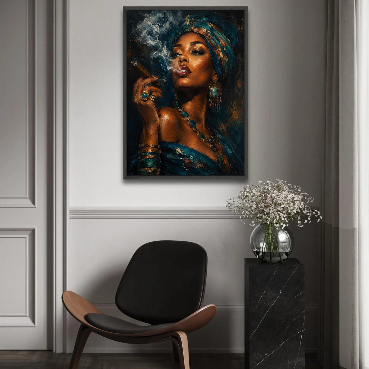 Elegant Woman Turquoise Headwrap, Smoking Cigar Canvas Wall Art, African Beauty Portrait, Glamorous Fashion Canvas, Ready To Hang Decoration