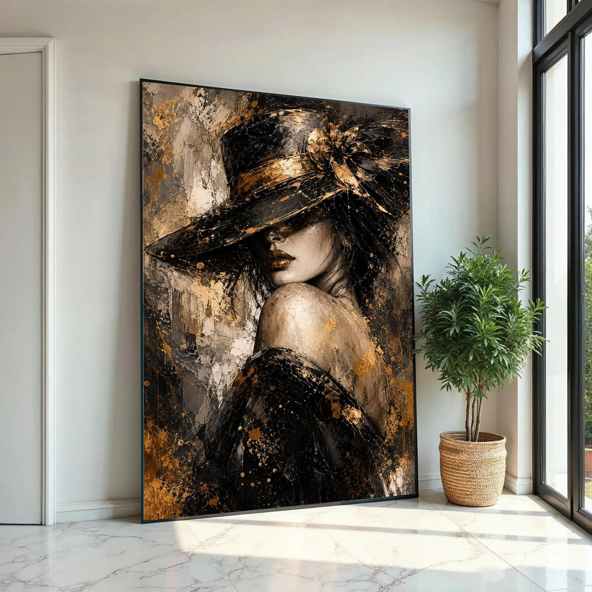 Elegant Woman with Hat Canvas, Glamorous Portrait Wall Art, Gold and Black Fashion Painting, Modern Home Decoration Ready To Hang Decoration
