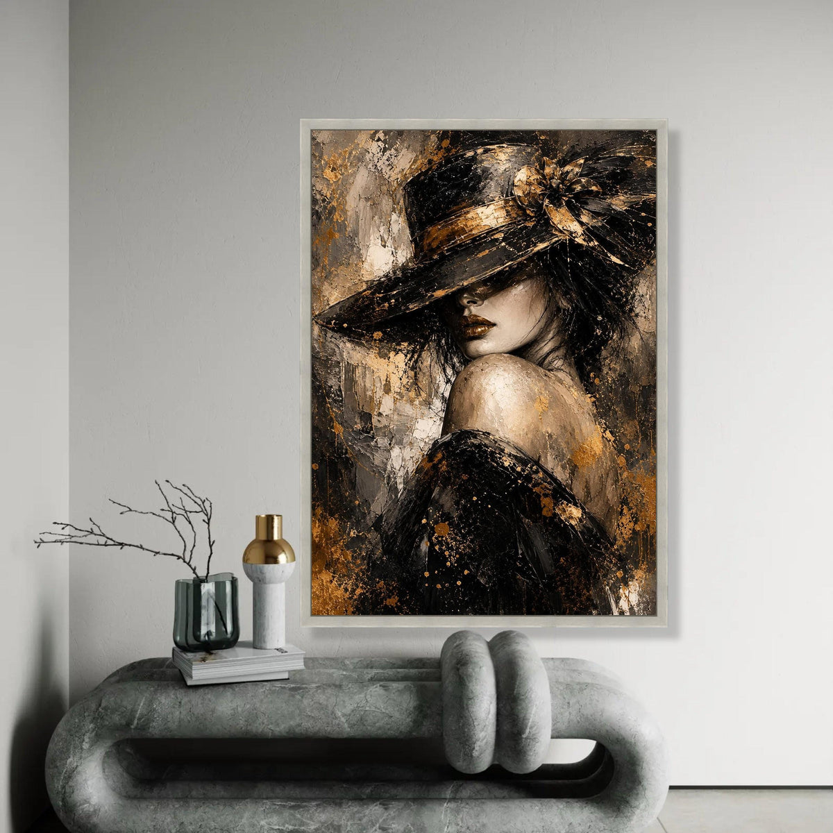 Elegant Woman with Hat Canvas, Glamorous Portrait Wall Art, Gold and Black Fashion Painting, Modern Home Decoration Ready To Hang Decoration