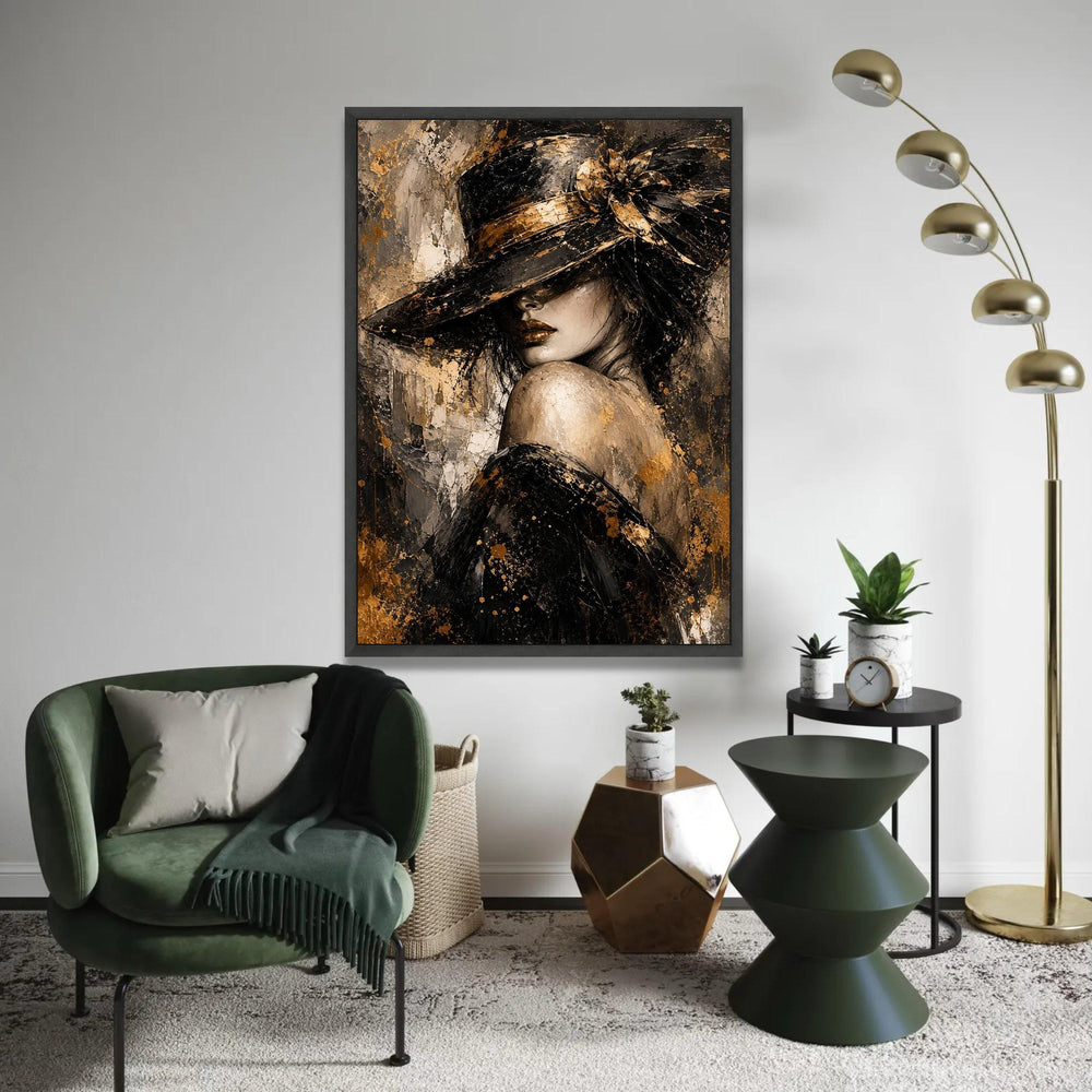 Elegant Woman with Hat Canvas, Glamorous Portrait Wall Art, Gold and Black Fashion Painting, Modern Home Decoration Ready To Hang Decoration