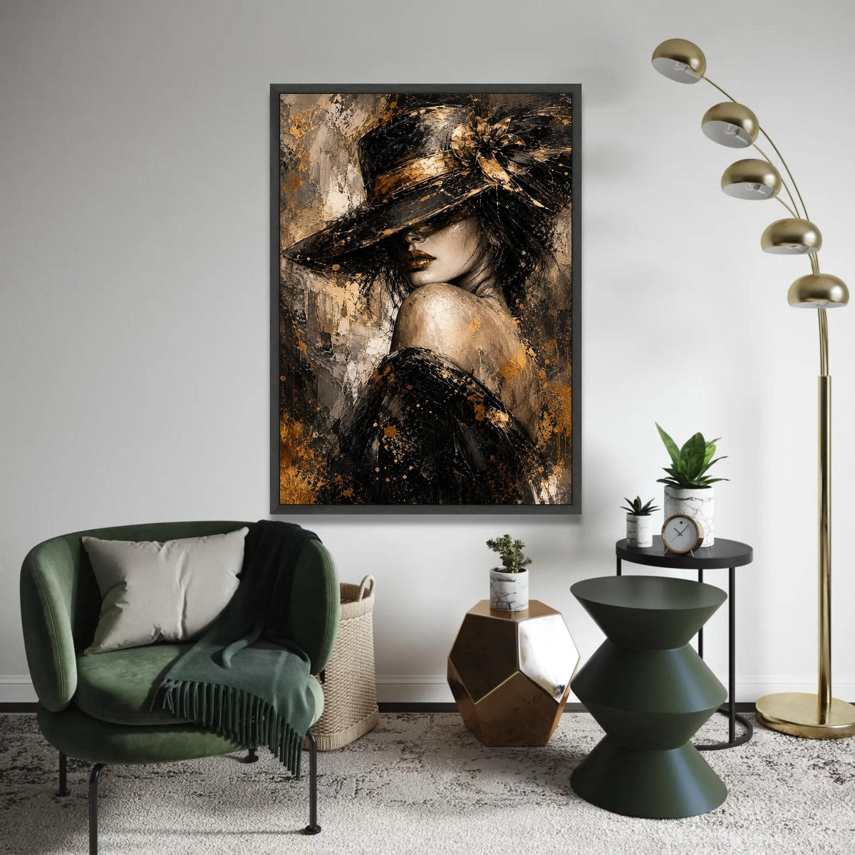 Elegant Woman with Hat Canvas, Glamorous Portrait Wall Art, Gold and Black Fashion Painting, Modern Home Decoration Ready To Hang Decoration