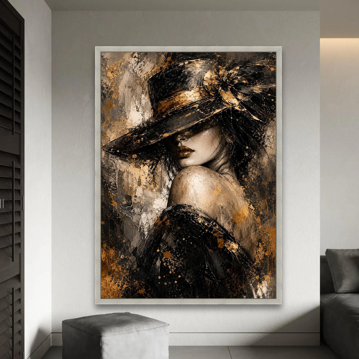 Elegant Woman with Hat Canvas, Glamorous Portrait Wall Art, Gold and Black Fashion Painting, Modern Home Decoration Ready To Hang Decoration