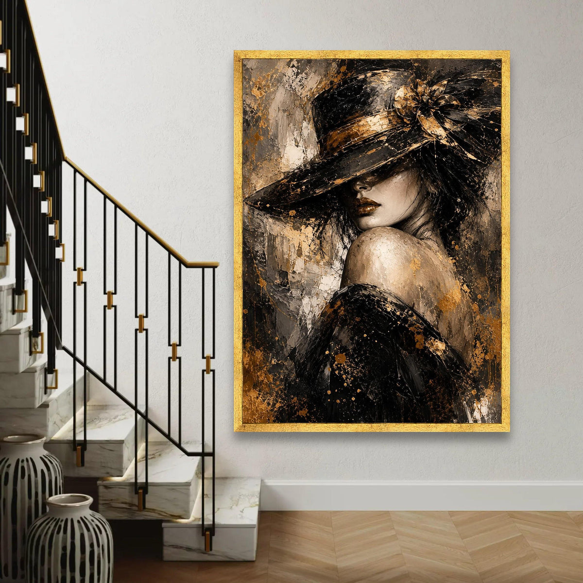 Elegant Woman with Hat Canvas, Glamorous Portrait Wall Art, Gold and Black Fashion Painting, Modern Home Decoration Ready To Hang Decoration