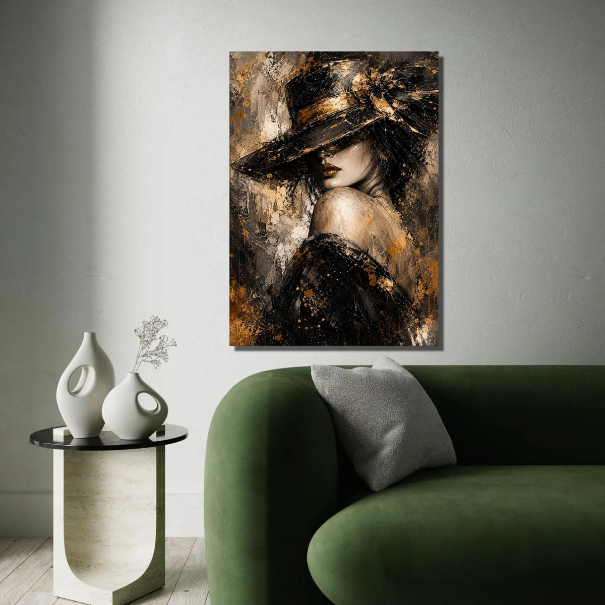 Elegant Woman with Hat Canvas, Glamorous Portrait Wall Art, Gold and Black Fashion Painting, Modern Home Decoration Ready To Hang Decoration