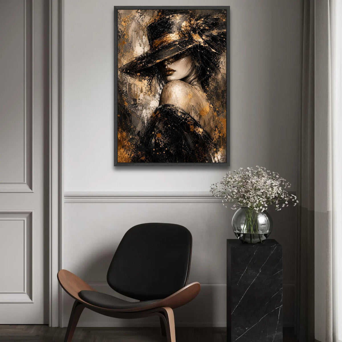 Elegant Woman with Hat Canvas, Glamorous Portrait Wall Art, Gold and Black Fashion Painting, Modern Home Decoration Ready To Hang Decoration