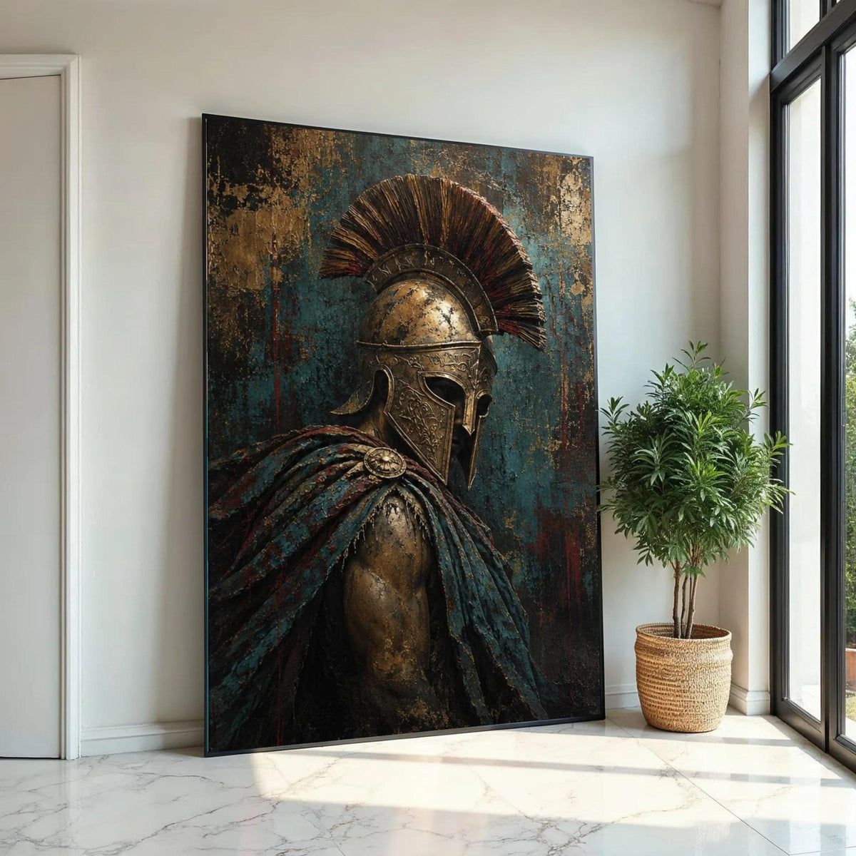 Ancient Spartan Warrior Canvas, Gladiator Helmet Wall Art, Historical Armor Decoration, Vintage Battle Scene Ready To Hang Decoration
