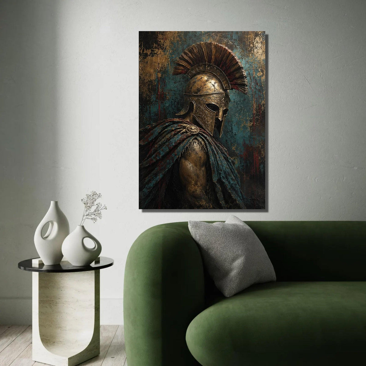 Ancient Spartan Warrior Canvas, Gladiator Helmet Wall Art, Historical Armor Decoration, Vintage Battle Scene Ready To Hang Decoration