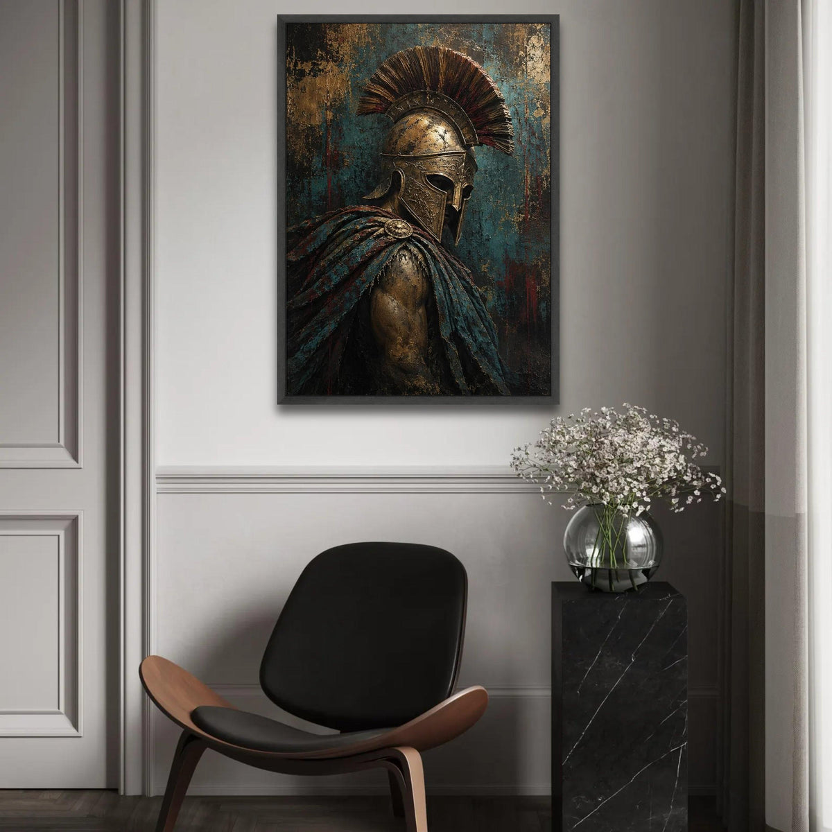 Ancient Spartan Warrior Canvas, Gladiator Helmet Wall Art, Historical Armor Decoration, Vintage Battle Scene Ready To Hang Decoration