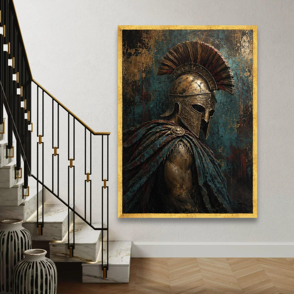 Ancient Spartan Warrior Canvas, Gladiator Helmet Wall Art, Historical Armor Decoration, Vintage Battle Scene Ready To Hang Decoration